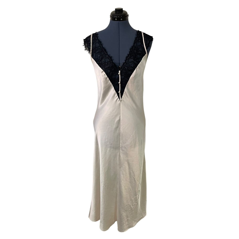 Vintage Valentino Intimo Ivory Black Lace Satin Slip Dress Nightgown Glam Petite
